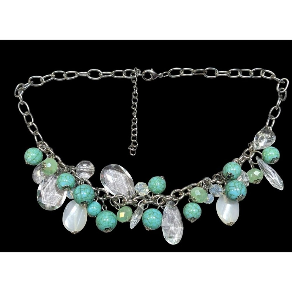Vintage Clear And Faux Turquoise Beaded Cluster Charm Necklace